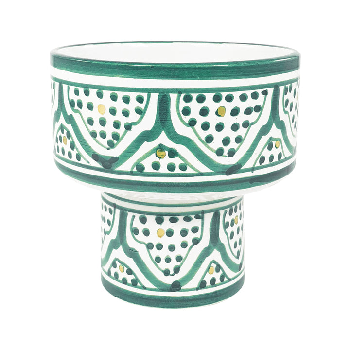Hand Painted Moroccan Zwak Design Green Gold Footed Bowl