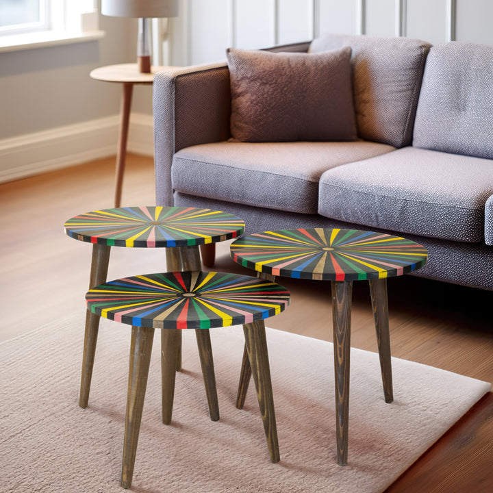 Top view of Colorful Nesting Tables – Bold and colorful geometric pattern on a modern nesting table set