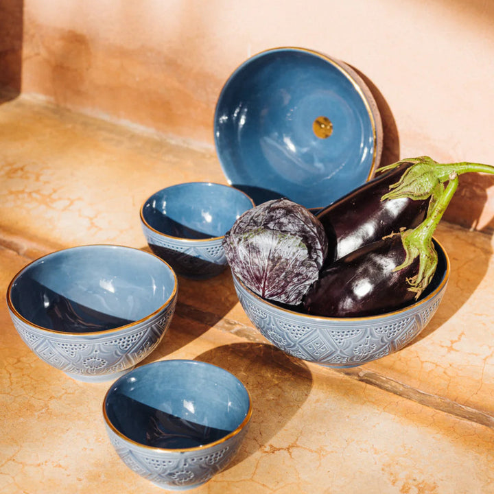 Handcrafted Blue Moroccan Ceramic Soup Bowl with Gold Rim Accents