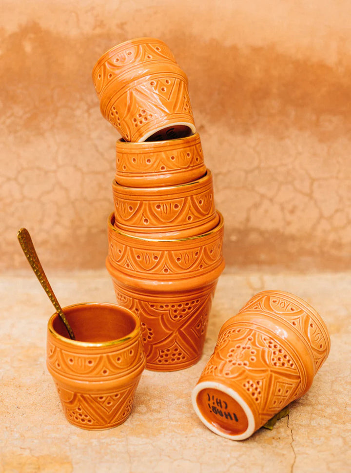 Handmade Moroccan Engraved Espresso Cups – Set of 2 Ceramic Cups with Gold Rim