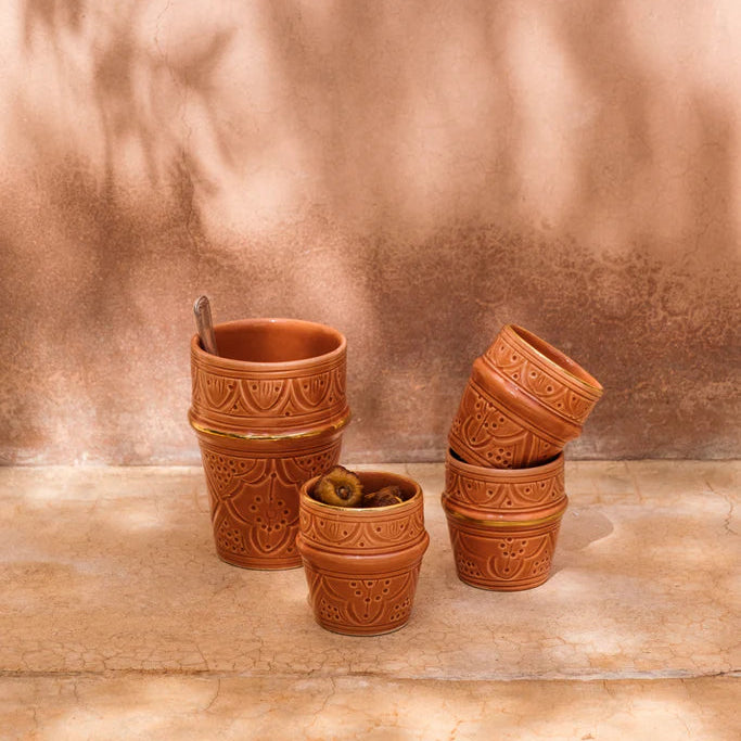 Handmade Moroccan Engraved Espresso Cups – Set of 2 Ceramic Cups with Gold Rim