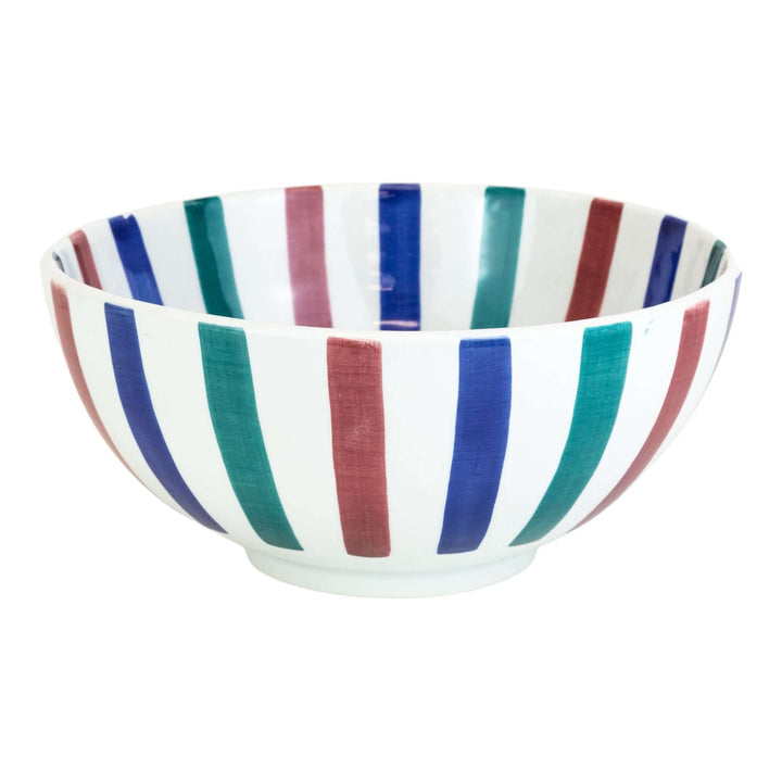 Colorful hand-painted Moroccan ceramic bowl with vibrant stripes and glazed finish