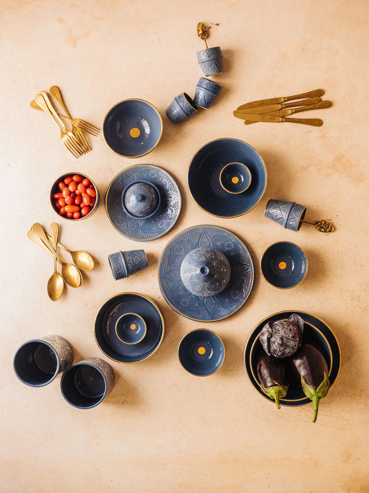 Handcrafted Blue Moroccan Ceramic Soup Bowl with Gold Rim Accents