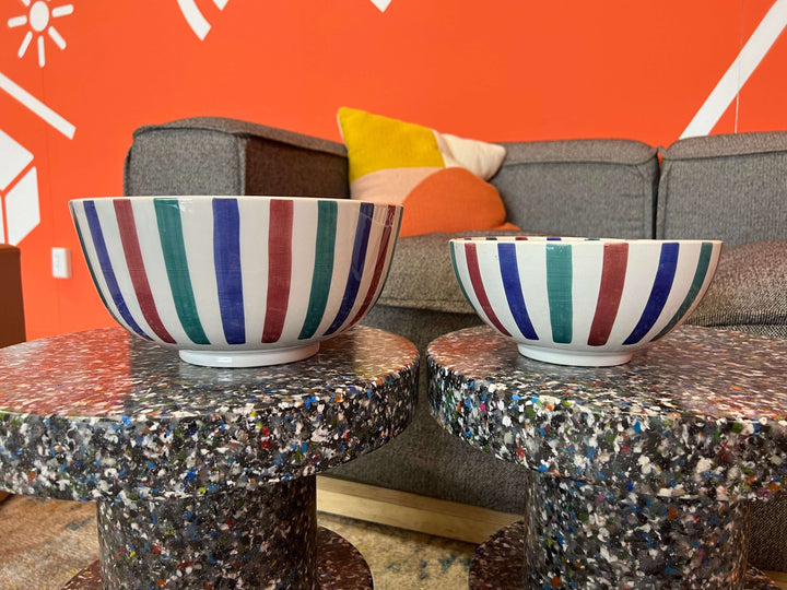 Handmade Moroccan striped ceramic salad bowl with colorful design