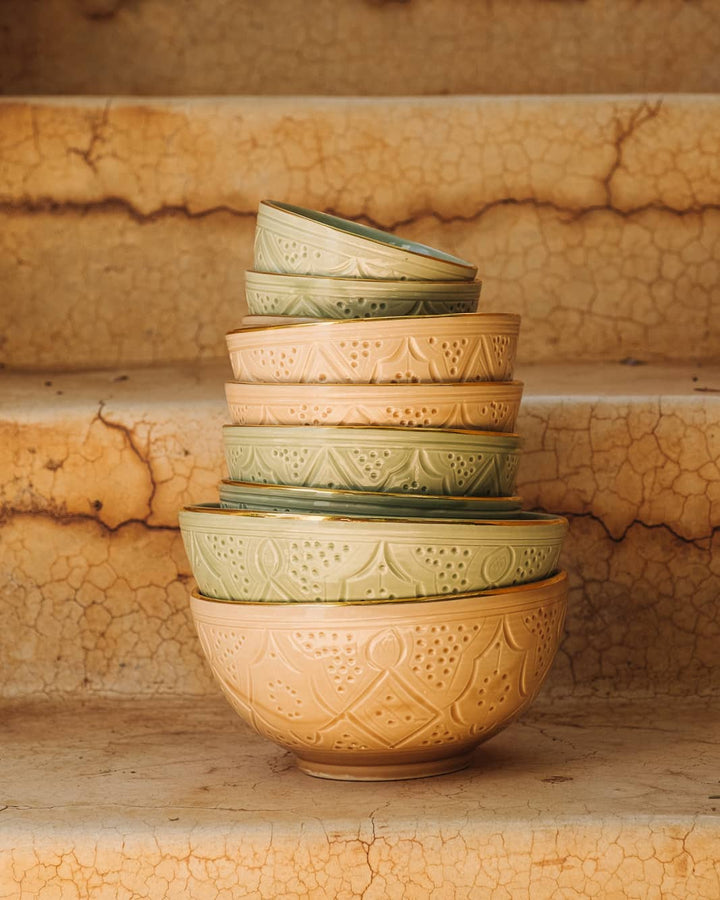Large Moroccan Ceramic Bowl – Embossed Design with Gold Rim