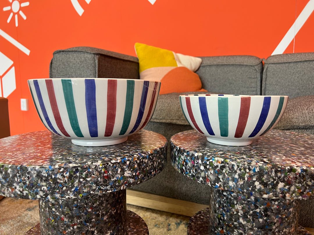 Hand Painted Striped Ceramic Serving Bowl – Large Salad, Pasta & Fruit Bowl – Colorful Decorative Tableware