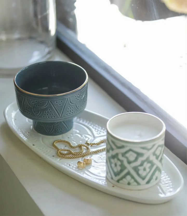 Mini Moroccan Footed Bowl – Embossed Ceramic with Gold Rim