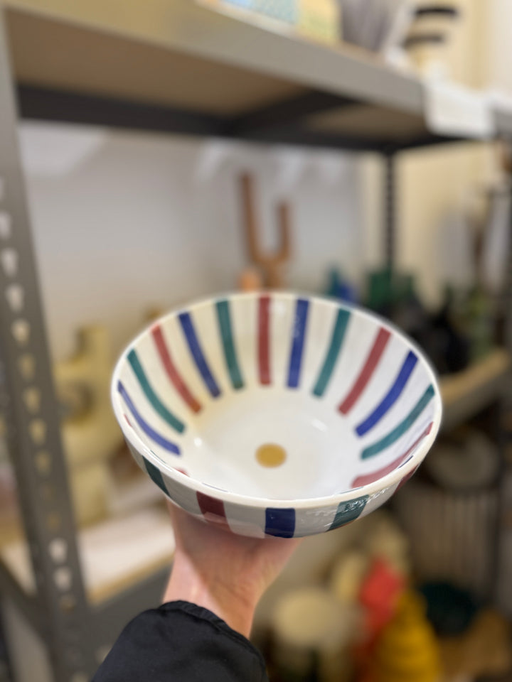 Hand Painted Striped Ceramic Serving Bowl – Large Salad, Pasta & Fruit Bowl – Colorful Decorative Tableware