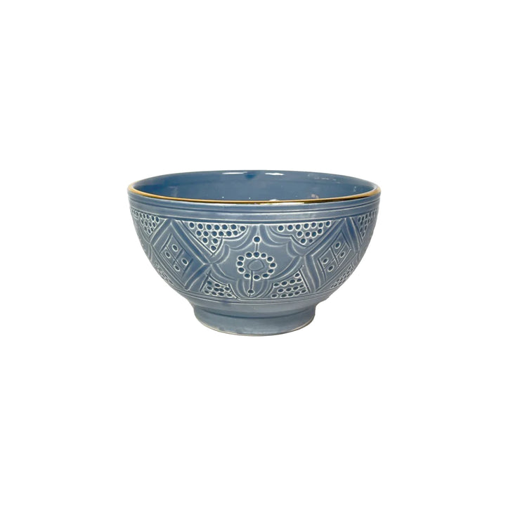 Handcrafted Blue Moroccan Ceramic Soup Bowl with Gold Rim Accents