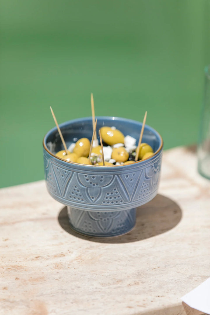 Mini Moroccan Footed Bowl – Embossed Ceramic with Gold Rim