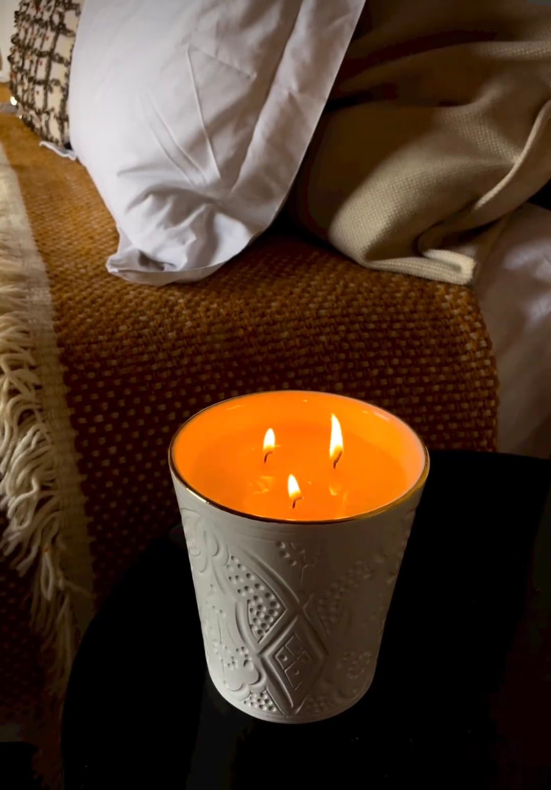 Handcrafted Engraved Flared Orange Ceramic Scented Candle