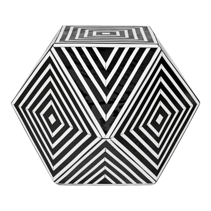 Top view of Geometric Black and White Table – Decorative accent table featuring bold geometric stripes