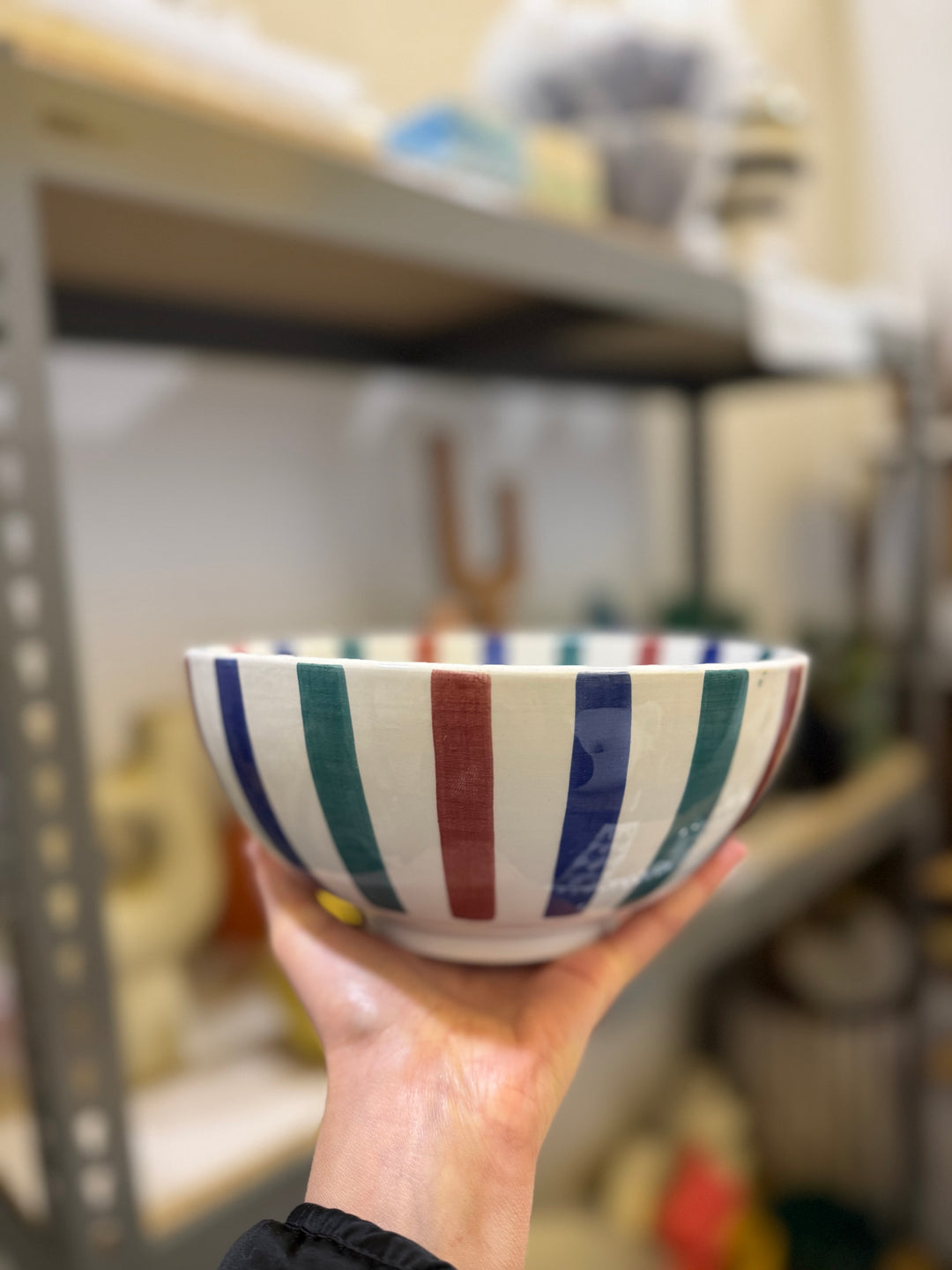 Hand Painted Striped Ceramic Serving Bowl – Large Salad, Pasta & Fruit Bowl – Colorful Decorative Tableware