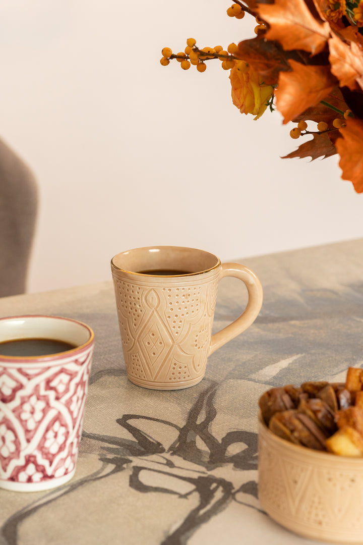 Handmade Moroccan Ceramic Mug – Embossed Coffee Mug with Gold Rim