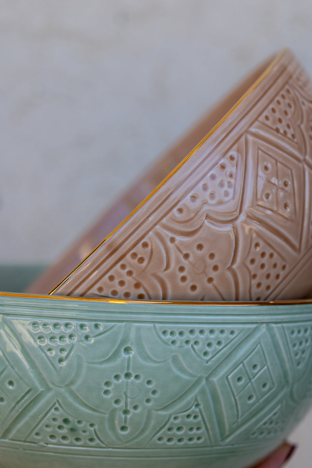 Moroccan Handmade Round Ceramic Serving Bowl – Green & Beige