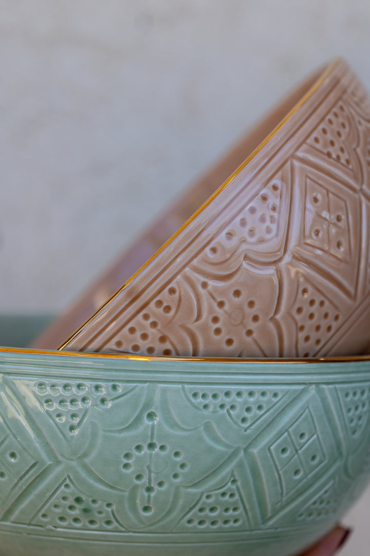 Moroccan Handmade Round Ceramic Serving Bowl – Green & Beige