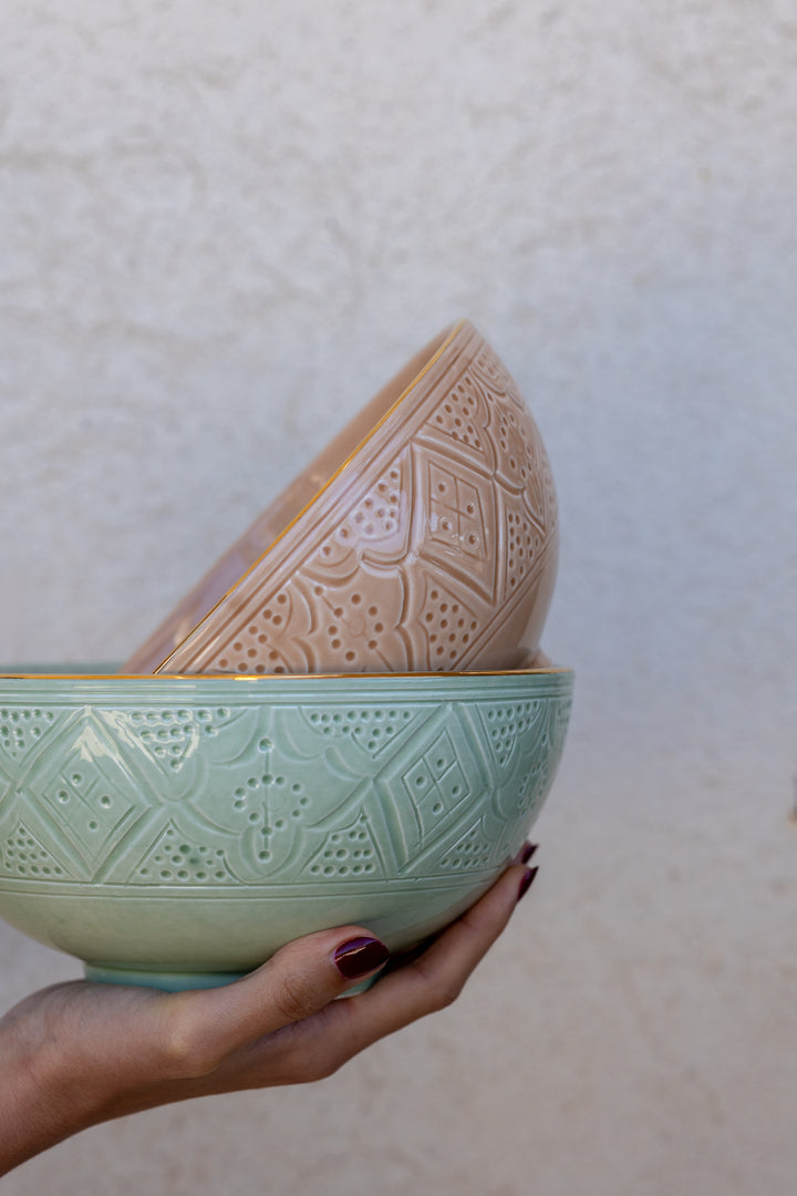 Moroccan Handmade Round Ceramic Serving Bowl – Green & Beige