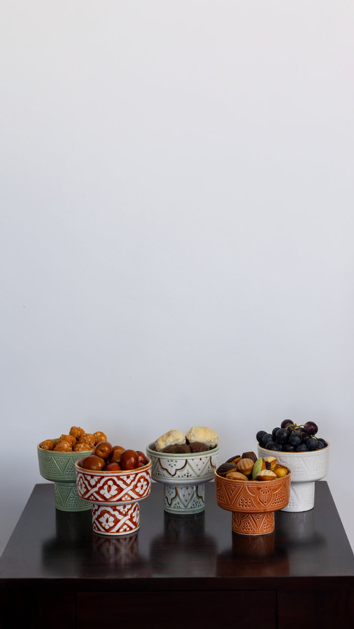 Mini Moroccan Footed Bowl – Embossed Ceramic with Gold Rim