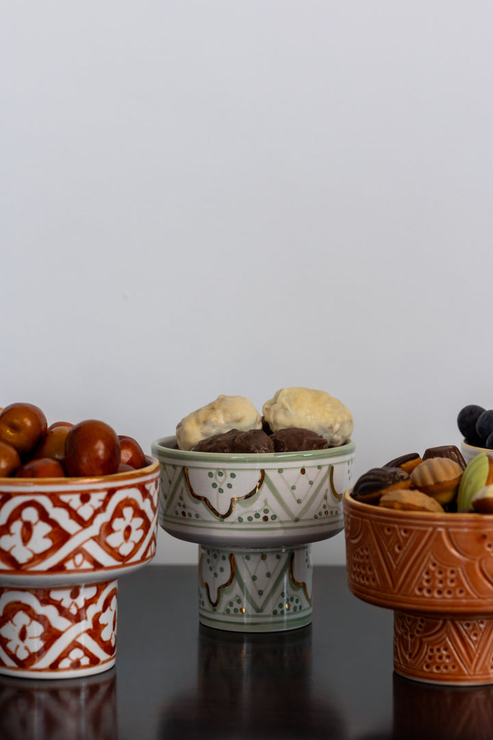 Mini Moroccan Footed Bowl – Embossed Ceramic with Gold Rim