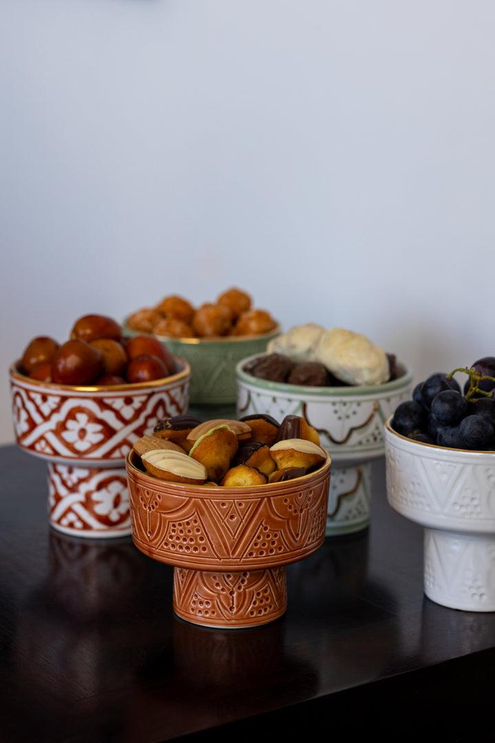Mini Moroccan Footed Bowl – Embossed Ceramic with Gold Rim