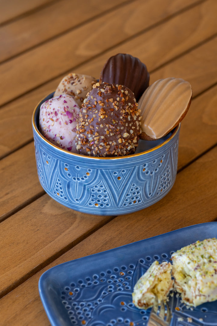 Handmade Moroccan Ceramic Bowl – Embossed Design and Gold Rim