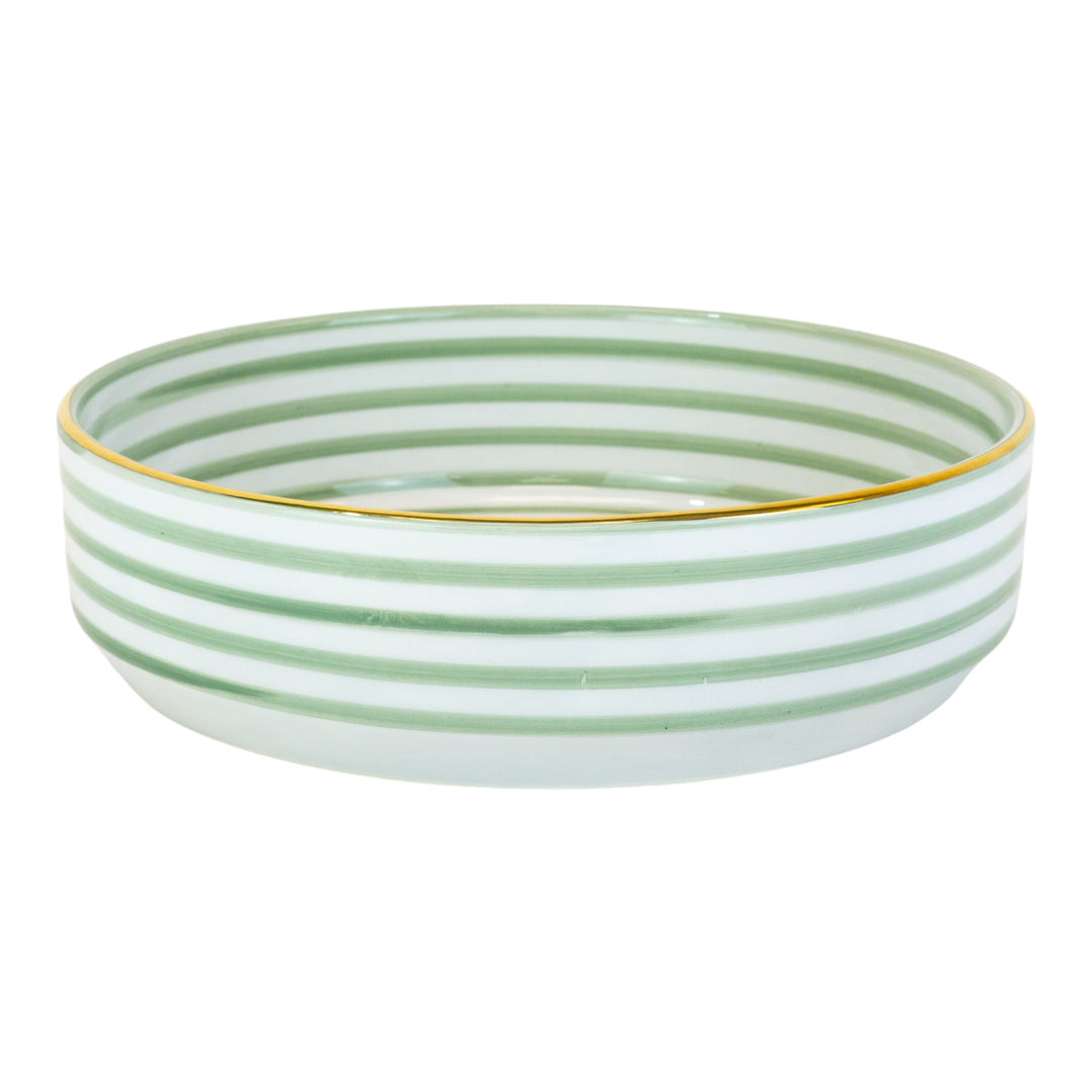 Intricate Handmade Moroccan Ceramic Bowl - Green, White, and Gold Striped Serveware