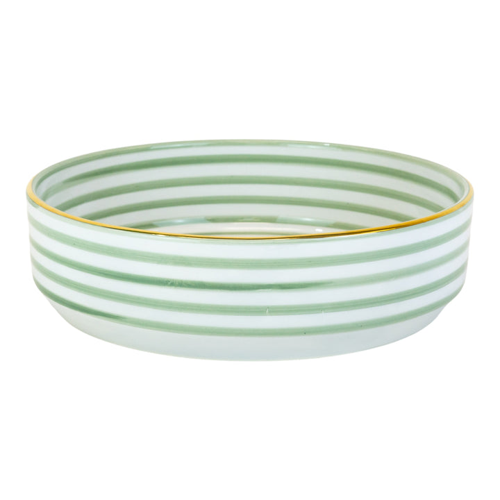 Intricate Handmade Moroccan Ceramic Bowl - Green, White, and Gold Striped Serveware