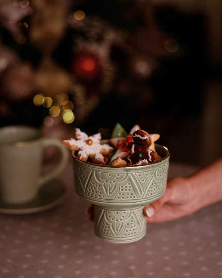 Mini Moroccan Footed Bowl – Embossed Ceramic with Gold Rim