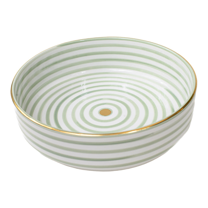 Handmade Moroccan Ceramic Bowl - Elegant Green, White, and Gold Striped Dinnerware