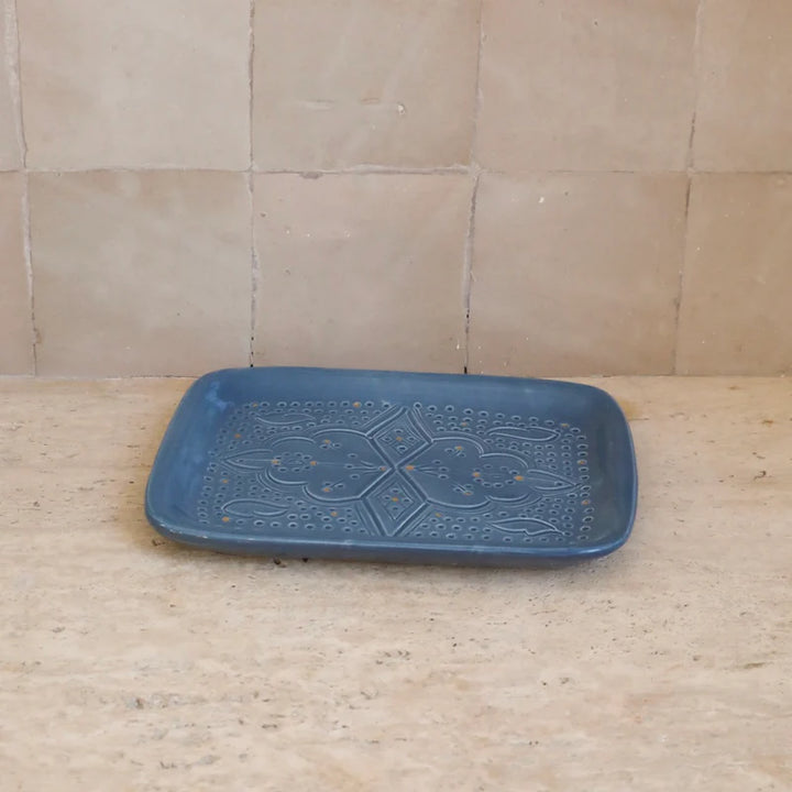 Moroccan Engraved Blue Grey Ceramic Tray