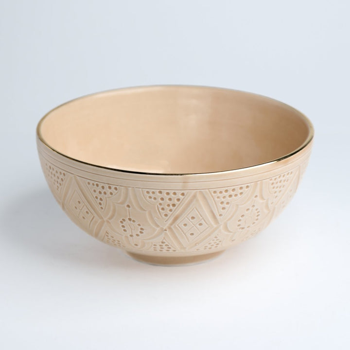 Large Moroccan Ceramic Bowl – Embossed Design with Gold Rim