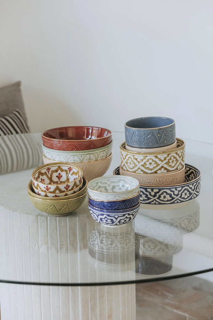 Handmade Moroccan Ceramic Bowl – Embossed Design and Gold Rim