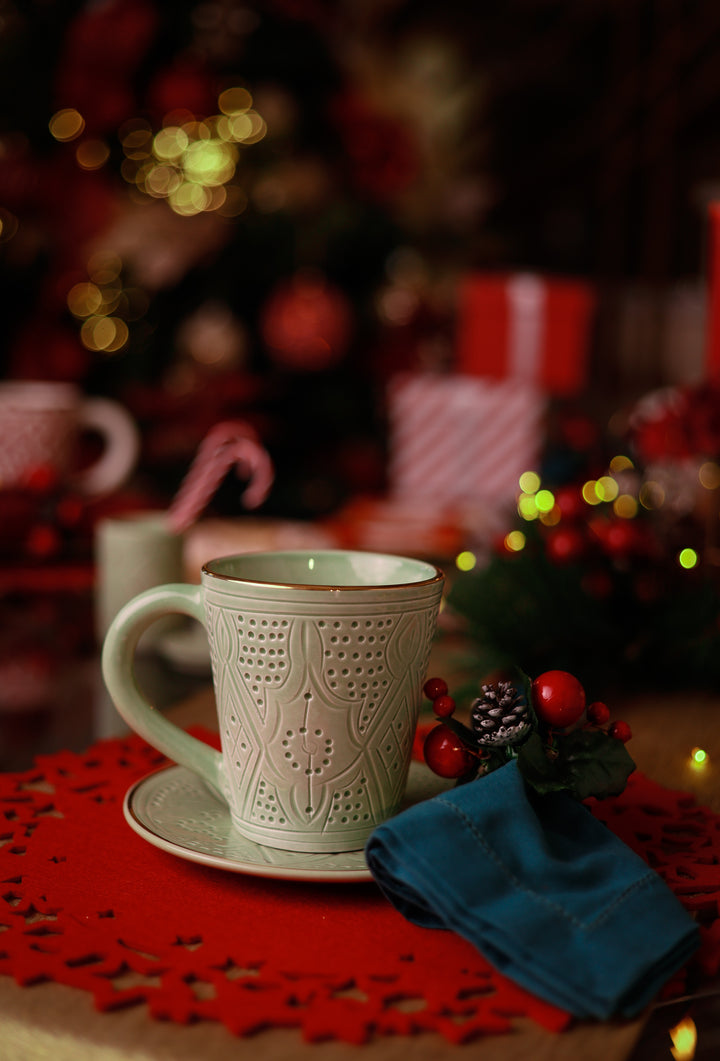 Handmade Moroccan Ceramic Mug – Embossed Coffee Mug with Gold Rim