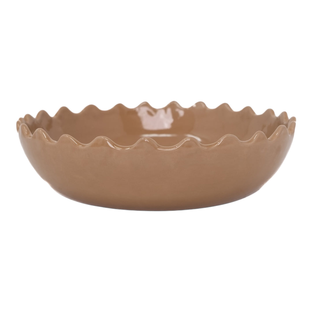 Handcrafted Taupe Ceramic Deep Plate with Wavy Rim - Artisan Tableware