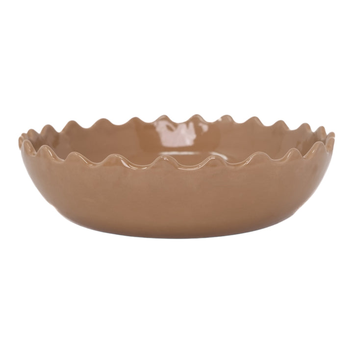 Handcrafted Taupe Ceramic Deep Plate with Wavy Rim - Artisan Tableware