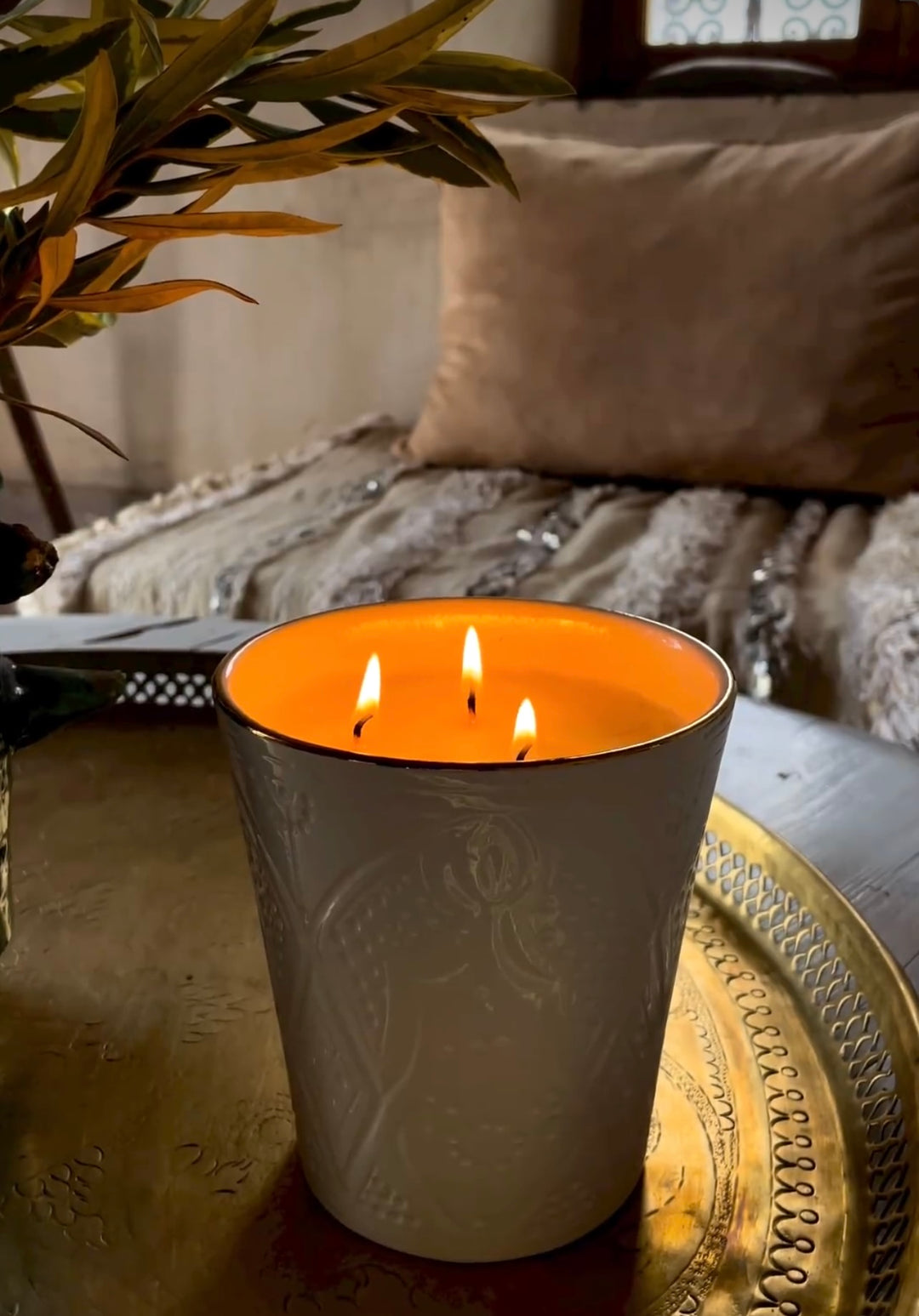 Handcrafted Engraved Flared Orange Ceramic Scented Candle