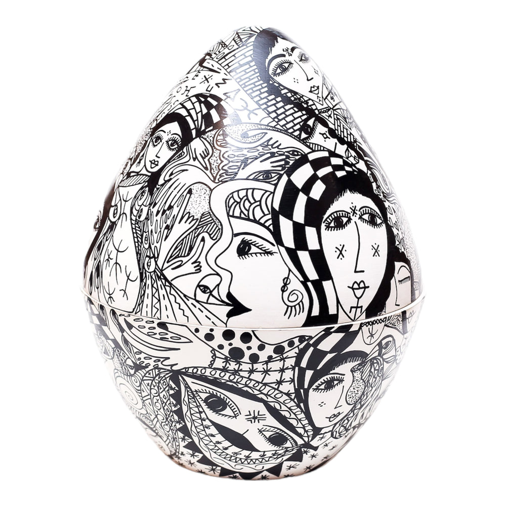 Large egg-shaped Moroccan ceramic candle, black and white abstract design, statement piece by Hafida Zizi