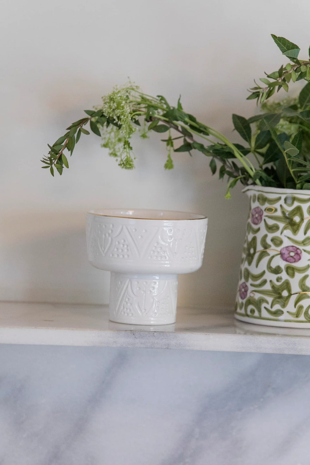 Mini Moroccan Footed Bowl – Embossed Ceramic with Gold Rim
