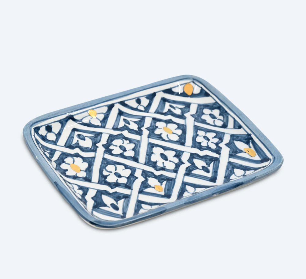 Small Fassia Blue Stone Gold Ceramic Tray on a website page with branding at the top.