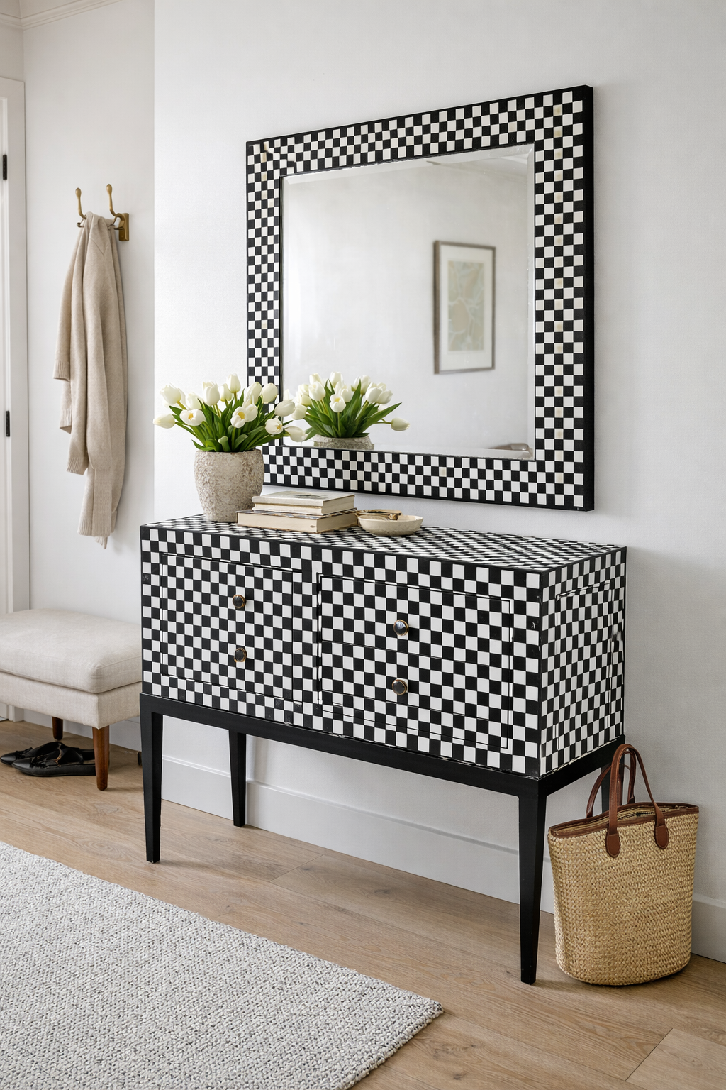 Black and white checkered console table with mirror in a room setting.