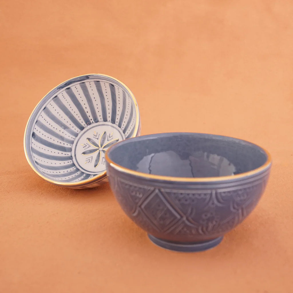 Handcrafted Blue Moroccan Ceramic Soup Bowl with Gold Rim Accents