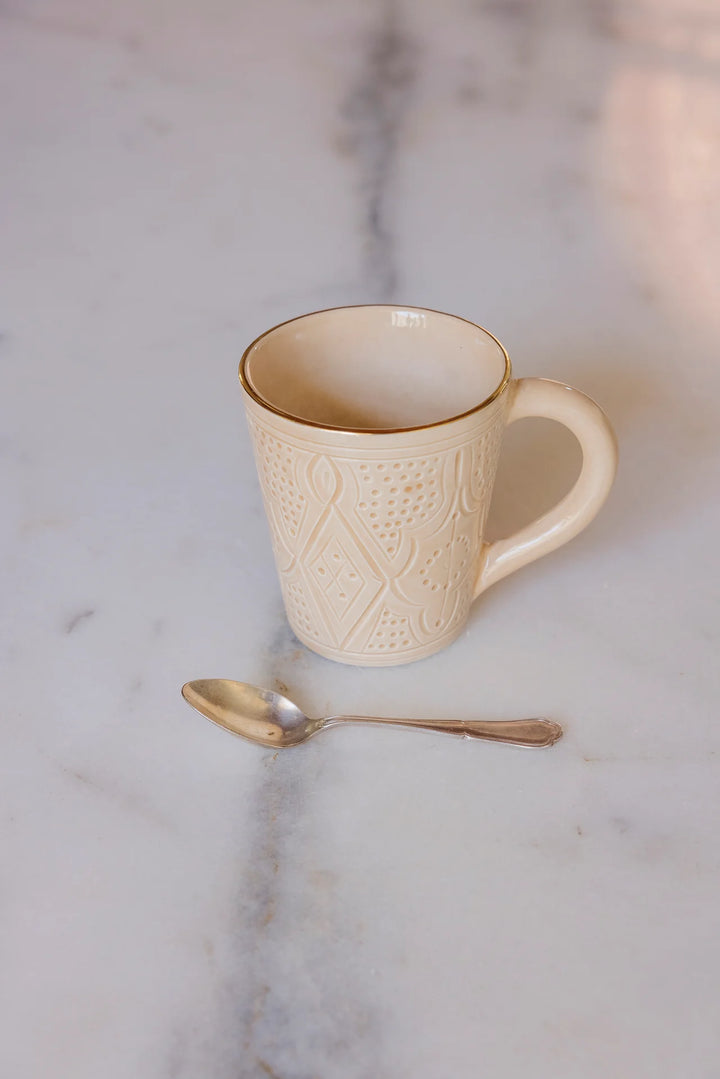 Handmade Moroccan Ceramic Mug – Embossed Coffee Mug with Gold Rim