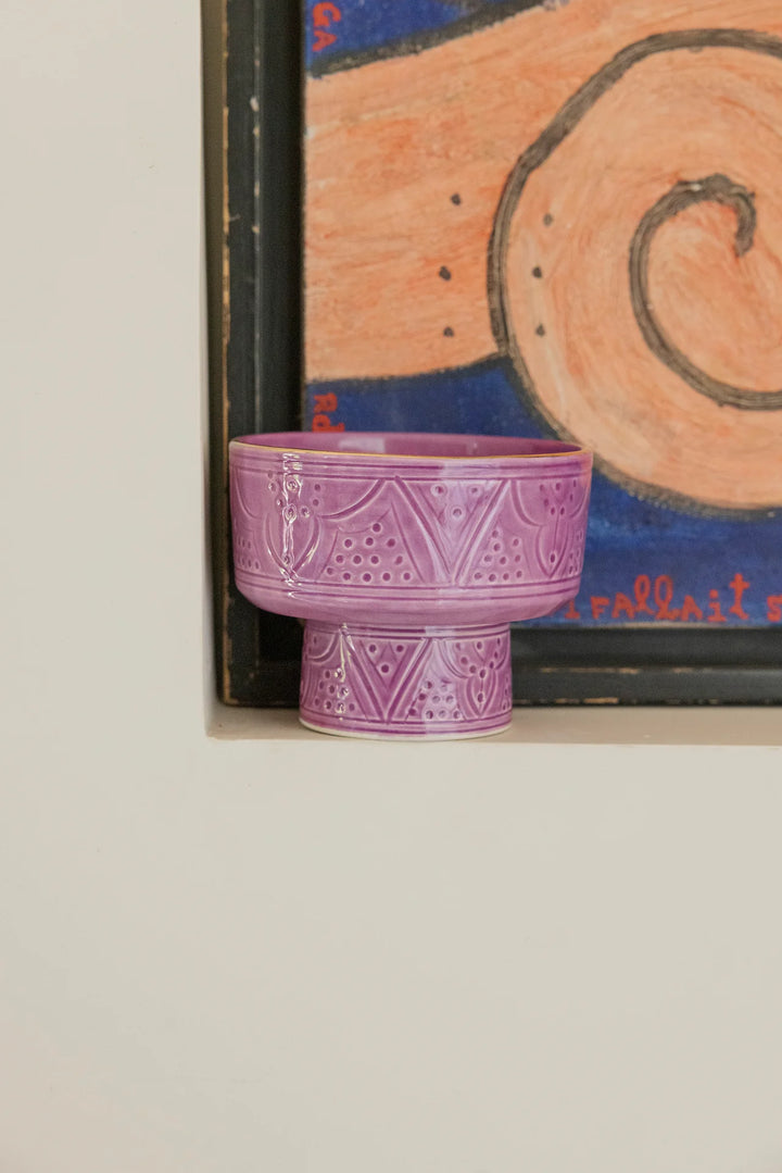 Mini Moroccan Footed Bowl – Embossed Ceramic with Gold Rim