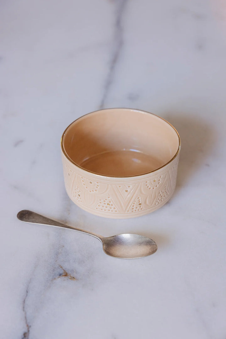 Handmade Moroccan Ceramic Bowl – Embossed Design and Gold Rim