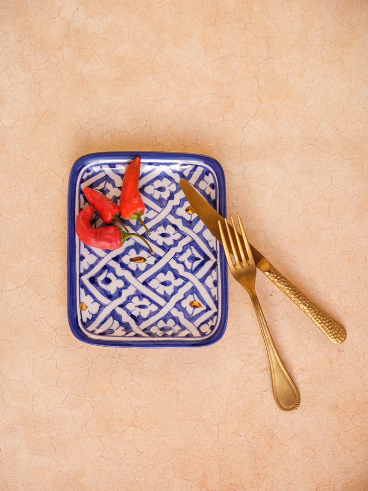 Moroccan Ceramic Small Tray with Majorelle Blue Pattern, Ideal for Serving Snacks, Artistic Ceramic Tableware