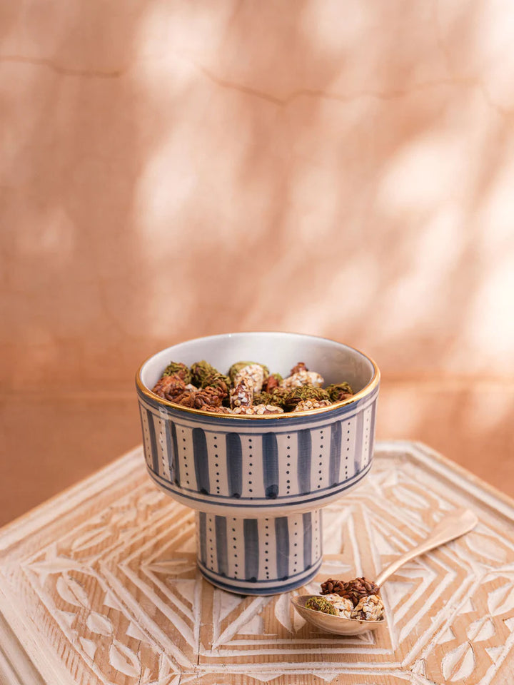 Blue Striped Pedestal Bowl – Handmade Ceramic Serveware