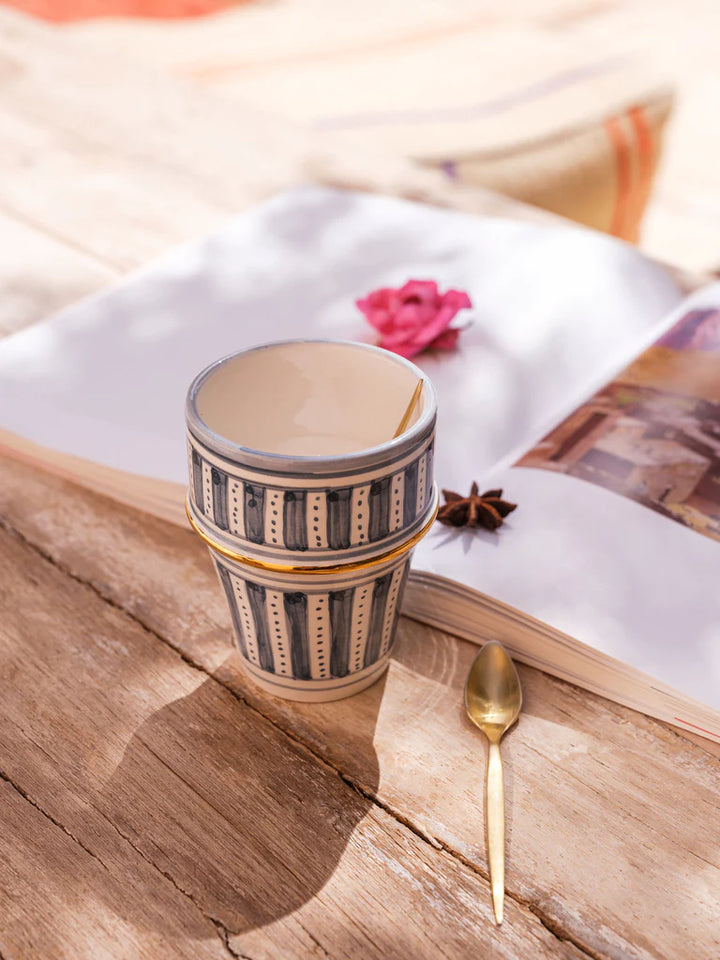 Moroccan Ceramic Tumbler – Striped Hand-Painted with Gold Accent