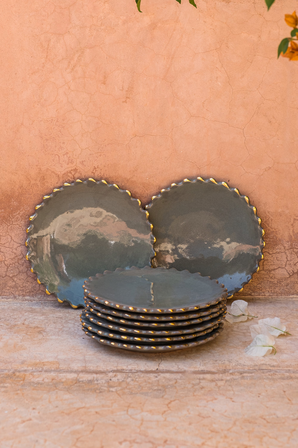 Handcrafted Green Ceramic Dinner Plates, Moroccan Tableware Set