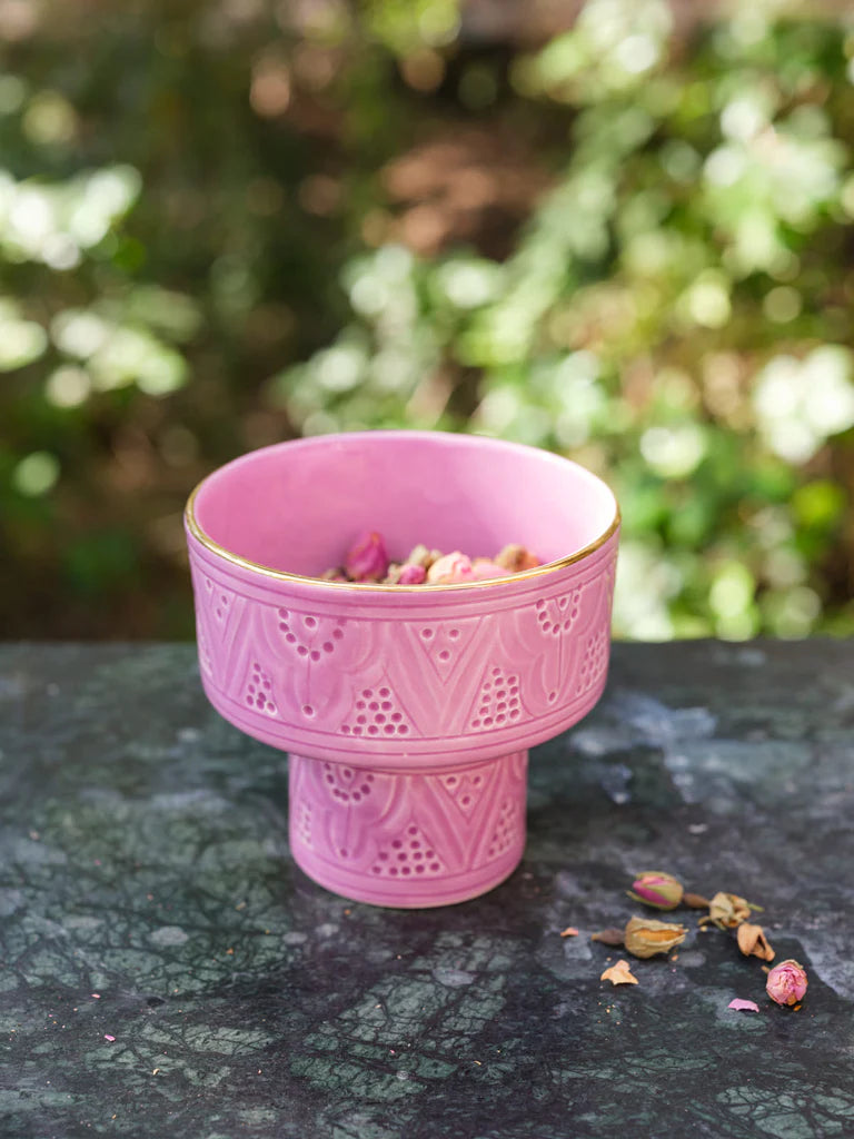 Mini Moroccan Footed Bowl – Embossed Ceramic with Gold Rim