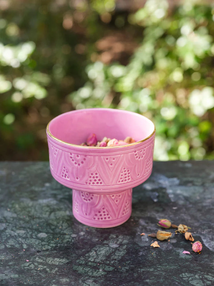 Mini Moroccan Footed Bowl – Embossed Ceramic with Gold Rim